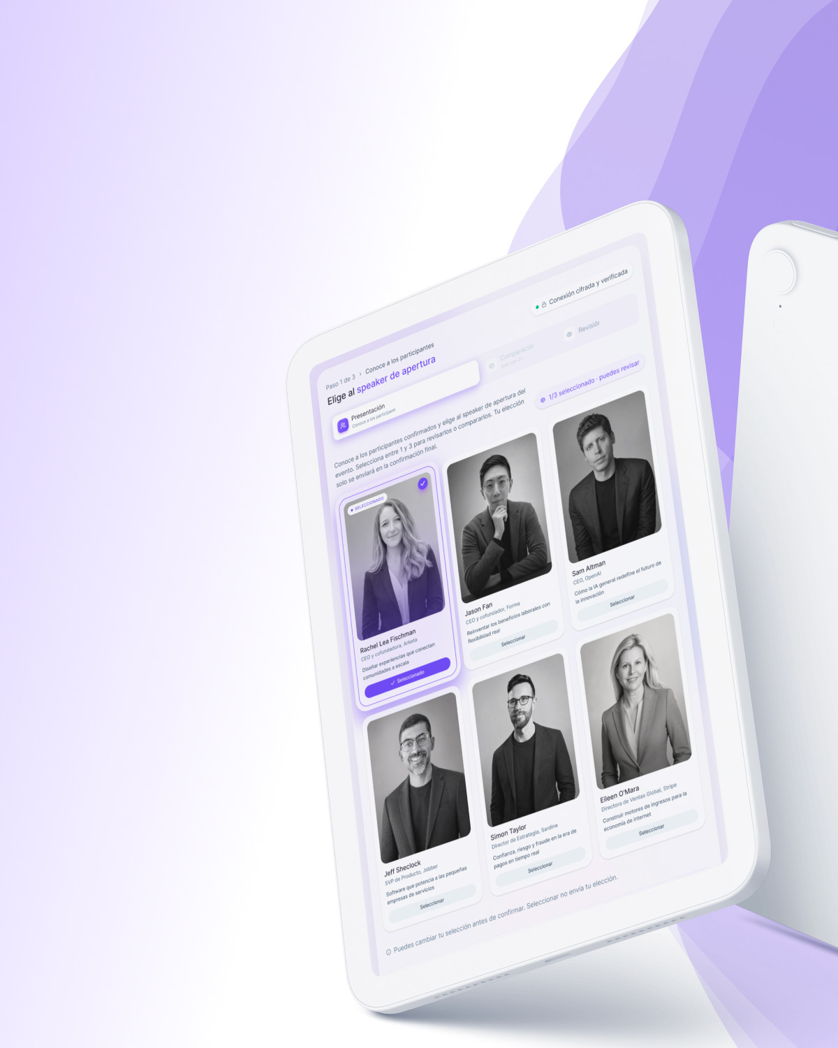 ForumGo speaker-selection experience shown as a corporate govtech interface