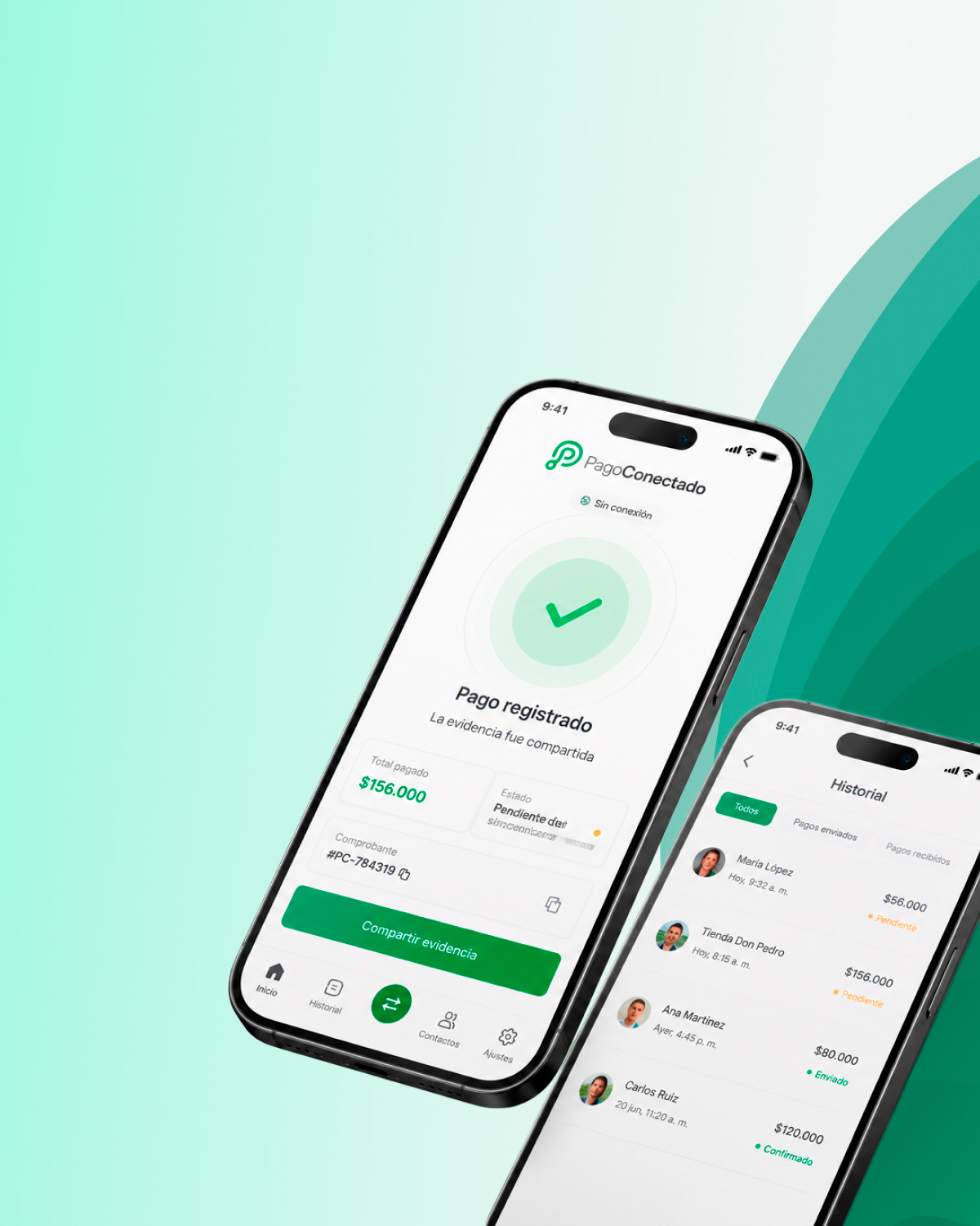 PagoConectado payment flow showing a mobile interface with offline, pending, and sync states