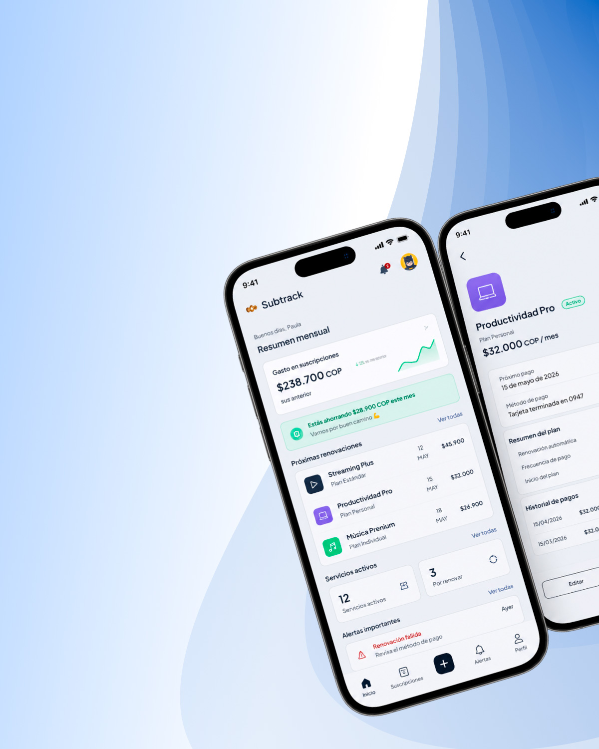 Subtrack subscription-management interface shown as a responsive web design